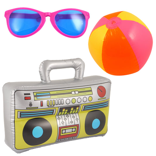 Pink Giant Novelty Fun Sunglasses Inflatable Beach Ball & Boom Box Hawaiian Beach Summer Party Decoration Set