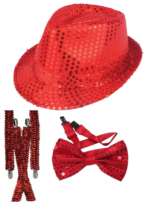 Sparkling Red Sequin Hat, Bow Tie, and Braces Set Stand Out in Style