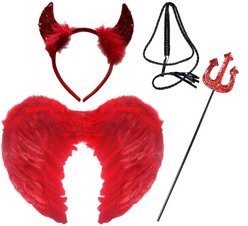 Red Devil Costume Accessories Set - Wings, Whip, Horns, and Fork for a Fiery Look
