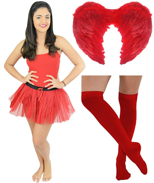 Red Feather Wings, TUTU Skirt, and OTK Socks Set - Vibrant Costume Ensemble