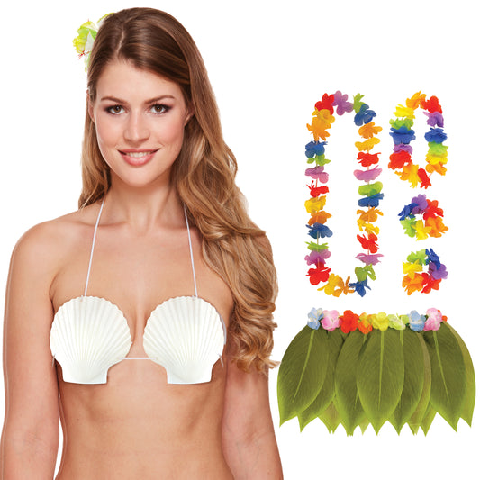 Hawaiian White Sea Shell Bra Green Leaf Skirt Hula Lei Set 4 Pcs Ladies Hula Beach Party Fancy Dress