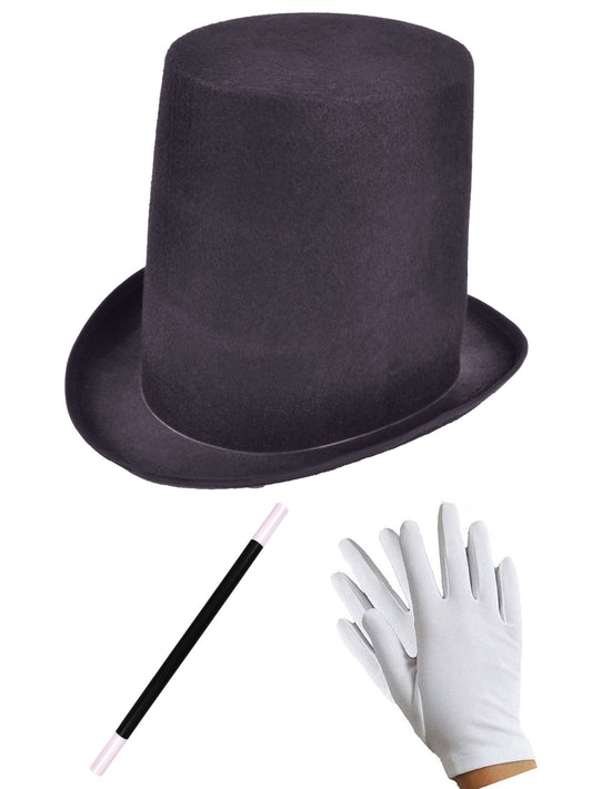 Stovepipe Top Hat, Magic Wand (26.5cm), White Gloves - Complete Costume Set for Elegance and Enchantment
