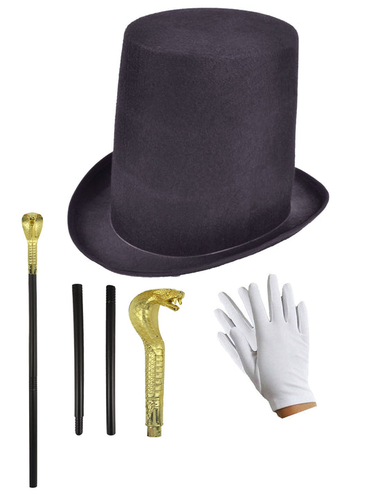 Stovepipe Top Hat & Snake Head Sceptre Set with White Gloves - Distinguished Costume Ensemble for Any Occasion
