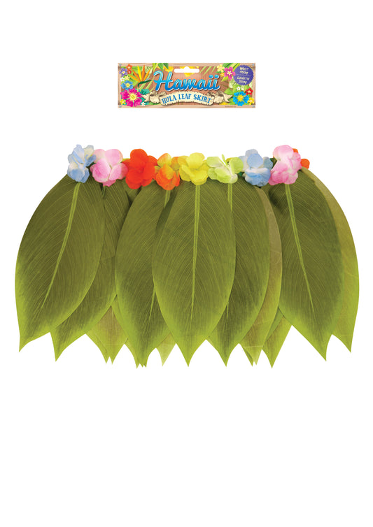 Green Hula Leaf Skirt with Flowers 80cm W x 38cm L Hawaiian Summer Beach Party Hawaii Fancy Dress