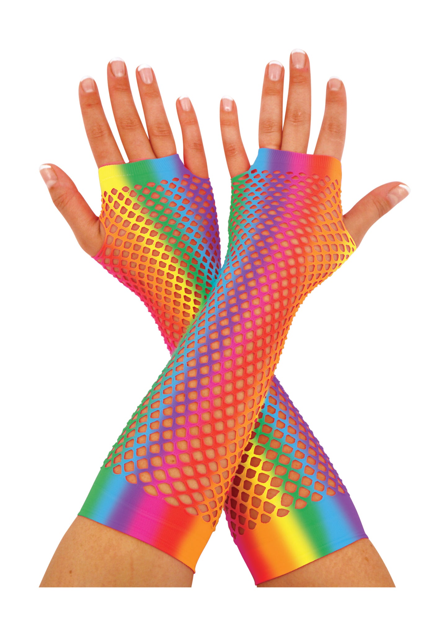 Rainbow long fingerless fishnet gloves