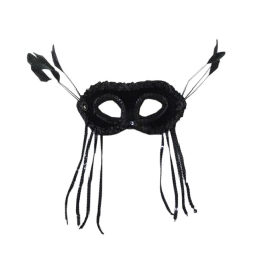 Black Sequin Eye Mask With Feathers - Glamorous Allure for Masquerade Nights