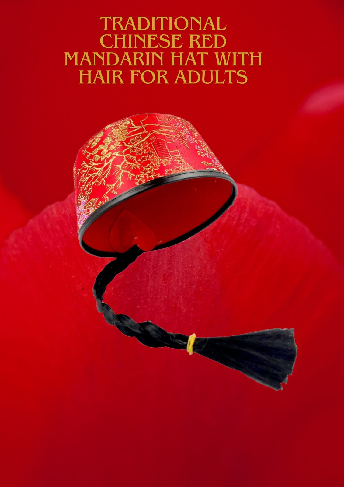 Traditional Chinese Red Mandarin Hat with Hair - Elegant Chinese New Year Costume Accessory for Adults
