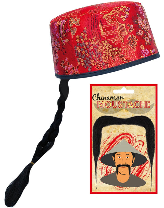 Authentic Elegance: Chinese Red Mandarin Fabric Hat with Hair and Moustache Set - Complete Fancy Dress Costume