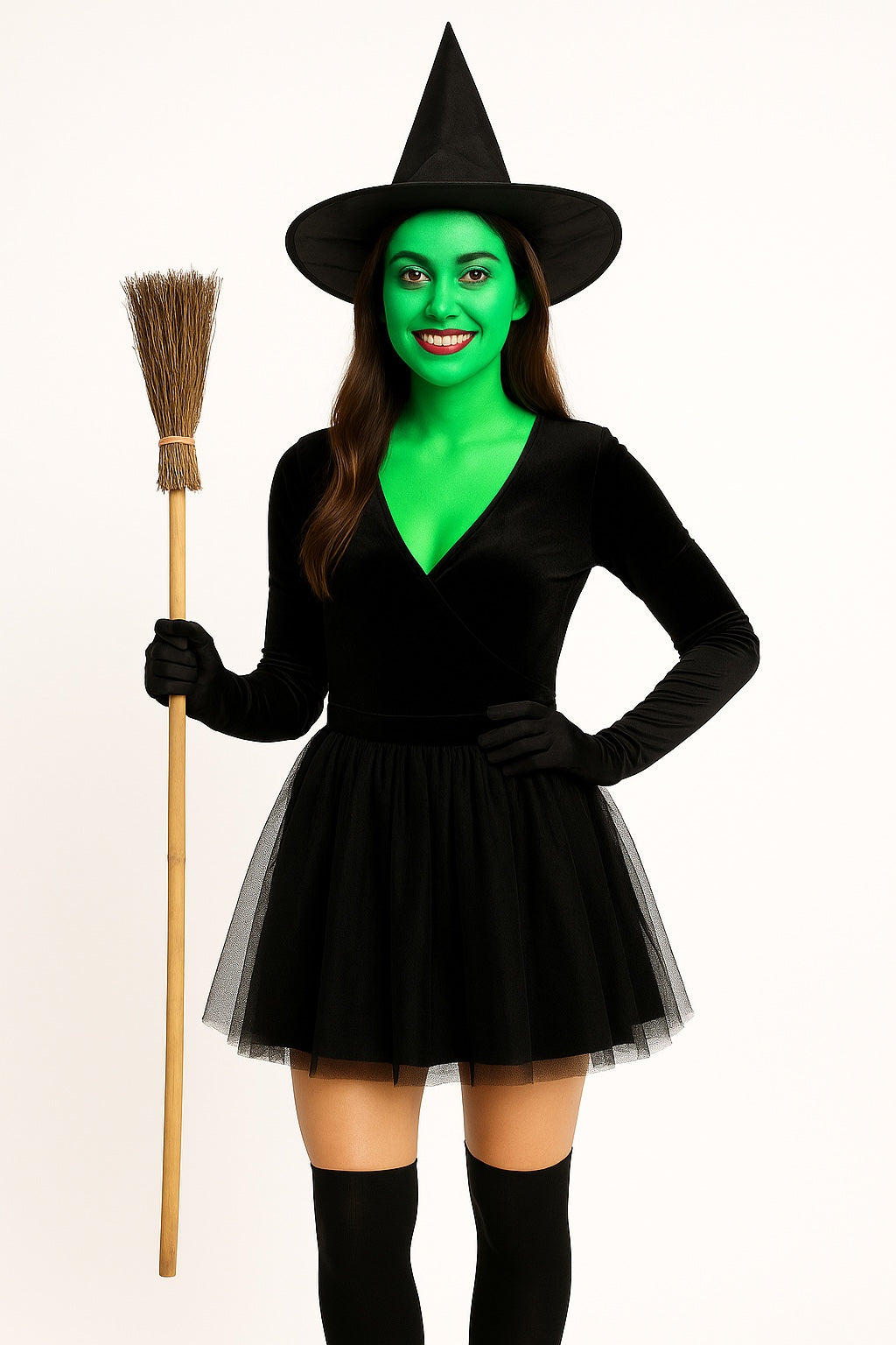 Witch Costume Set for Women & Girls – Black Pointed Hat, Wooden-Style Broomstick & Makeup Kit – Halloween Fancy Dress Accessories