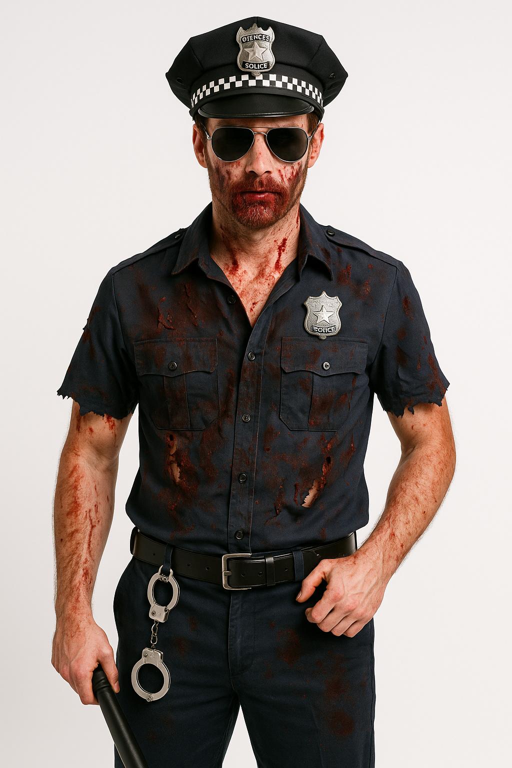 Men’s Zombie Police Costume Accessories Set – Includes Police Hat, Badge, Handcuffs, Black Sunglasses & Fake Blood – Halloween Fancy Dress Kit
