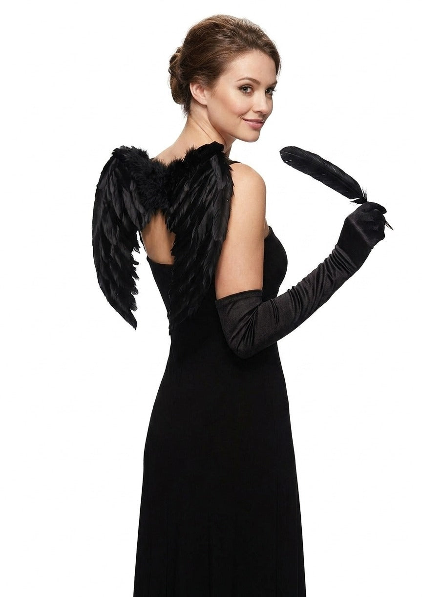 Adult Black Angel Feather Wings & Long Black Gloves Set – Gothic Fancy Dress Costume Accessories