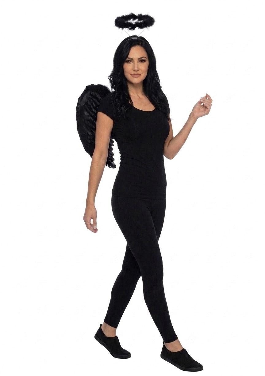 Adult Black Angel Wings & Black Halo Set – 2 Piece Gothic Fancy Dress Costume Accessories