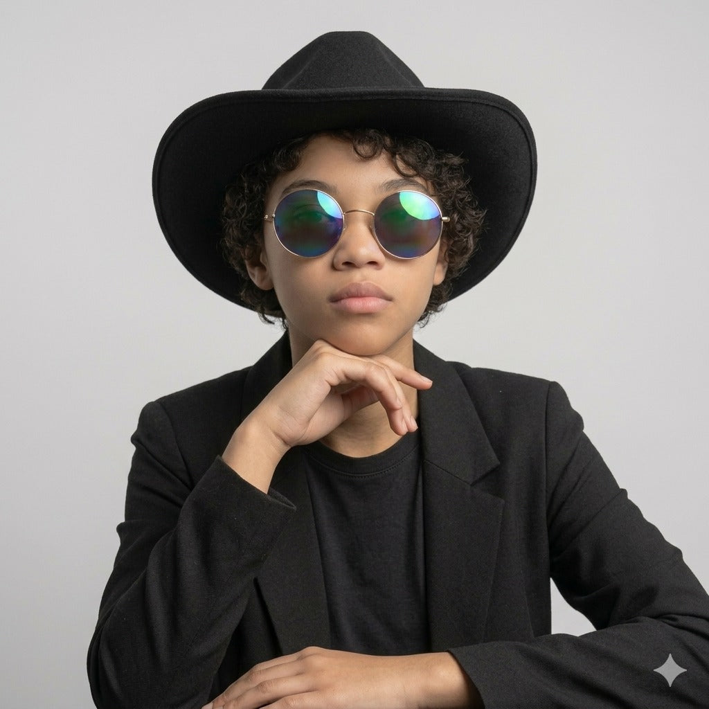 Black Cowboy Hat & Large Gold Frame Rainbow Glasses Set – Adult Festival Fancy Dress Accessories