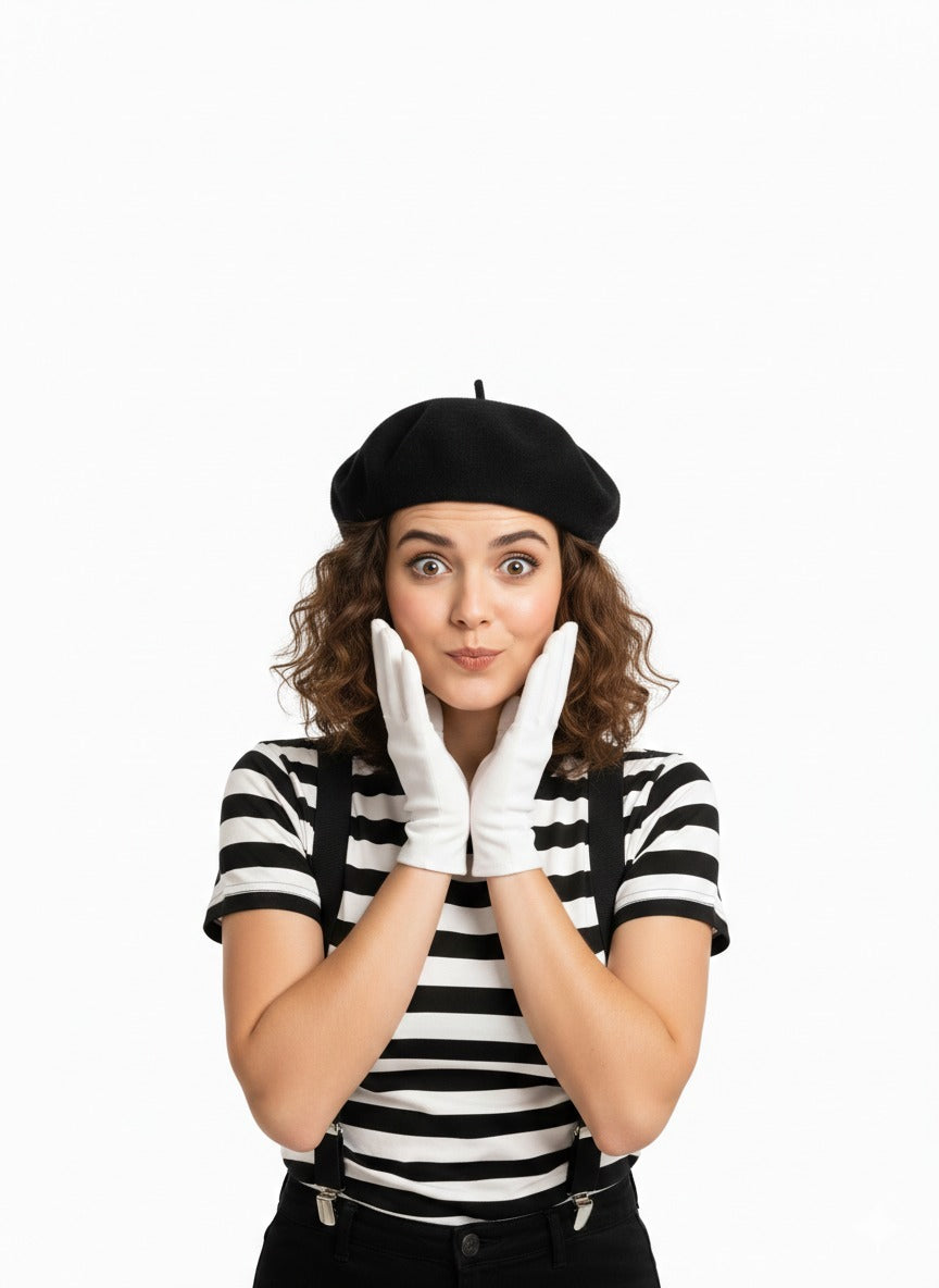 Women's French Mime Costume Set – Black & White Stripe T-Shirt, Black Beret Hat, White Gloves & Black Braces