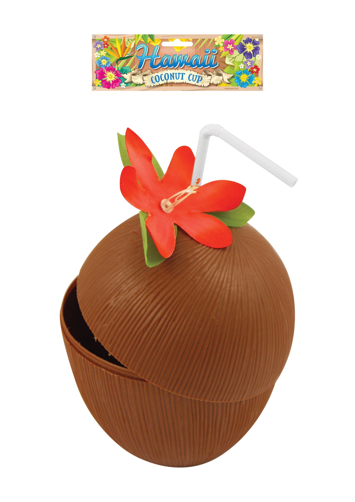 Coconut cup with red flower and reusable straw