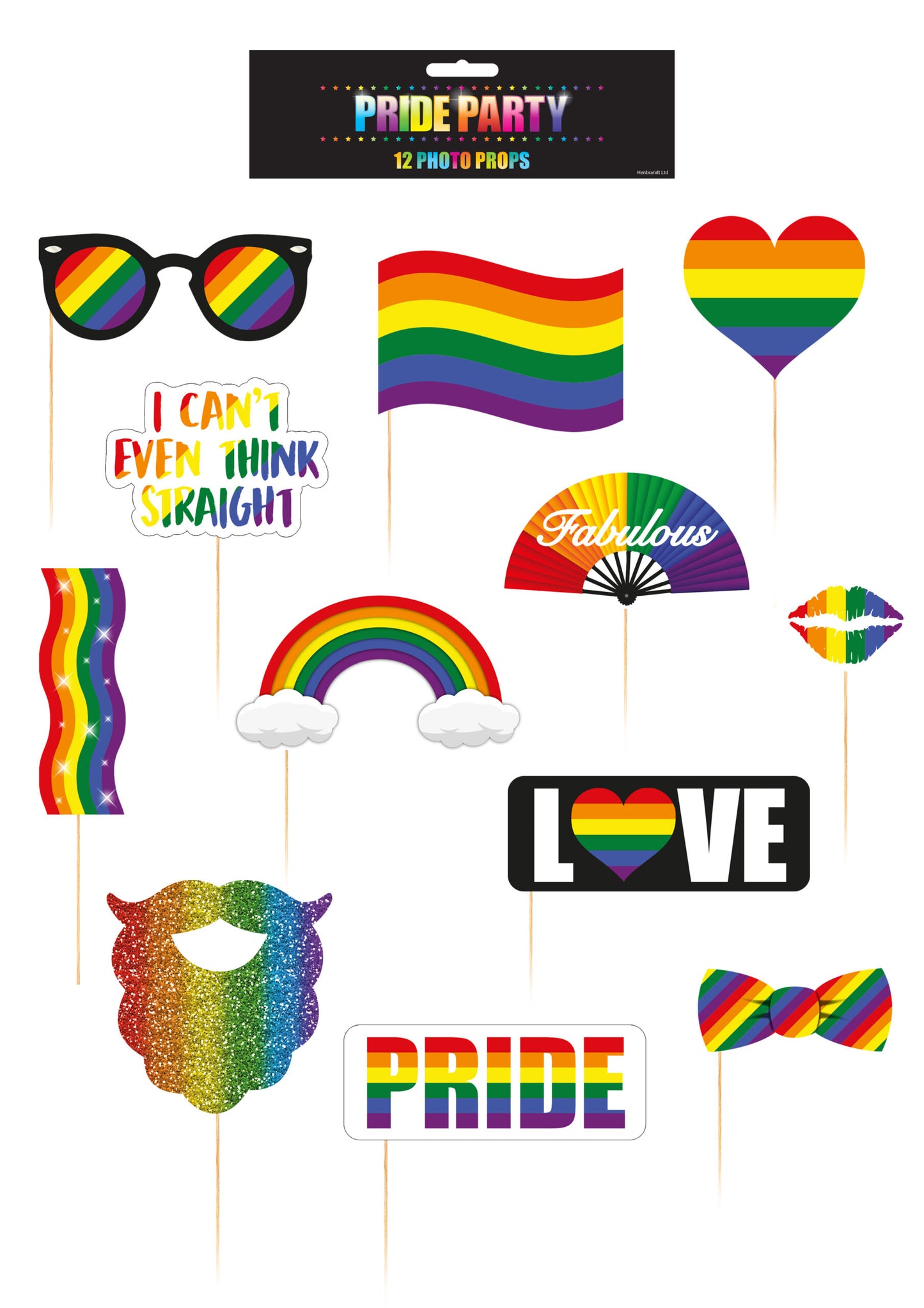 Pride photo booth props 12-piece set with sticks