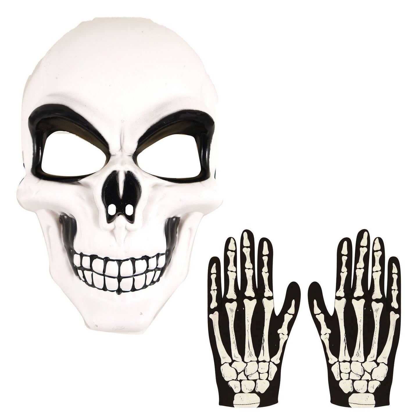 Adults White Skeleton Mask Bone Print Gloves Halloween Scary Horror Fancy Dress Costume 2 Pcs Set - Labreeze