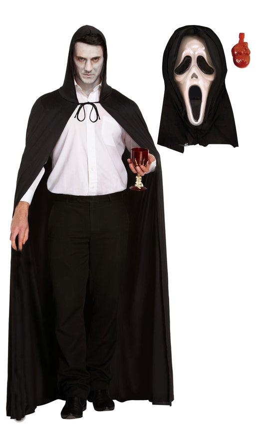 "Black Hooded Cape with Scream Bleeding Mask - Halloween Grim Reaper Fancy Dress Party Costume" - Labreeze