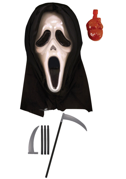 Bleeding Spooky Plastic Scream Mask with Blood & Plastic Scythe Prop Halloween Horror Grim Reaper Fancy Dress Set - Labreeze