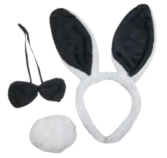 Bunny Rabbit Ears Headband Tail Bow Tie White Black 3 Pc Set Fancy Dress Costume Accessories - Labreeze