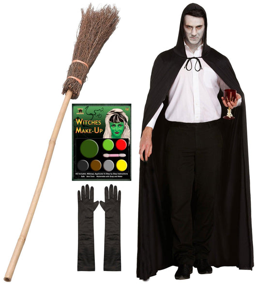 Enchantress Witch Costume Set: Black Hooded Cape, Witch Broom Stick, Long Satin Gloves, and Makeup Palette - Labreeze
