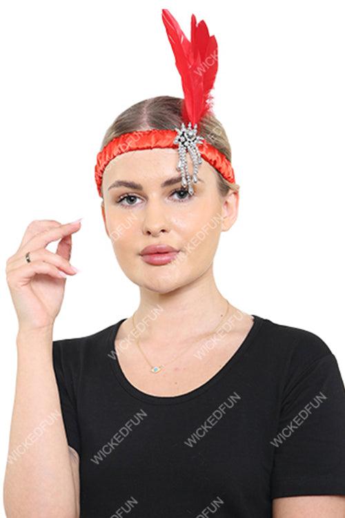 Flapper Head Band Red Feathers Ladies Girls Bridal Headpiece Gatsby Flapper Headdress - Labreeze