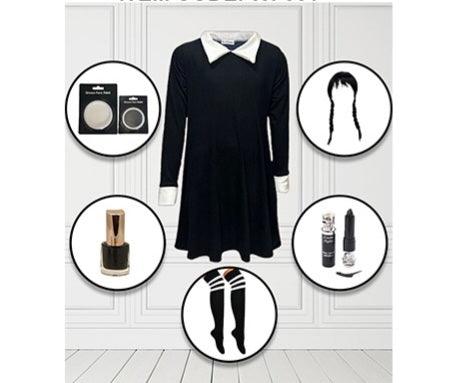 GOTHIC GIRL PLAIN COSTUME WITH PLAIN SWING DRESS BLACK POLISH LIPSTICK FACE PAINT WIG AND ANKLE. FRILL SOCKS - Labreeze