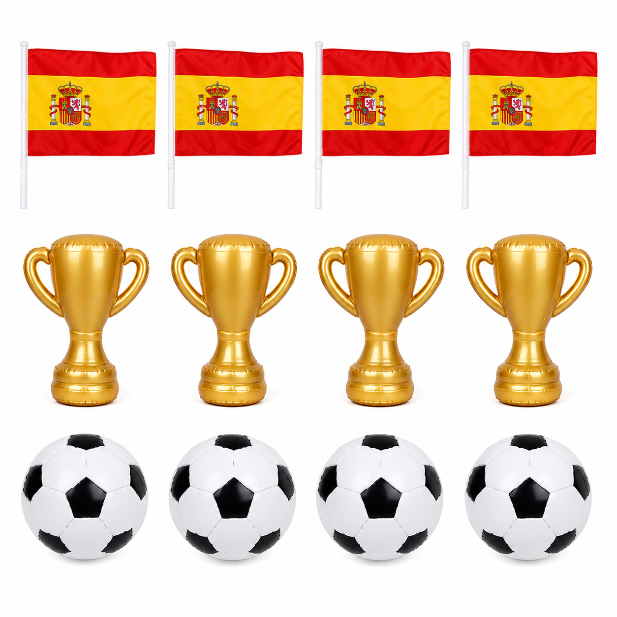 Spain football supporter group pack with four flags, four inflatable trophies and four inflatable footballs