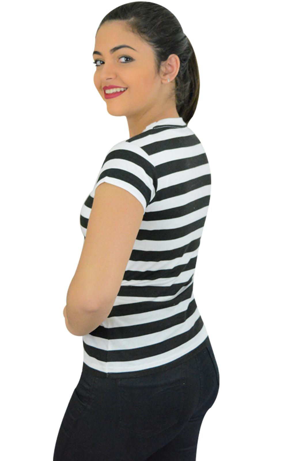 Ladies Women’s Black & White Striped T-shirt Short Sleeves Fancy Dress Top - Labreeze