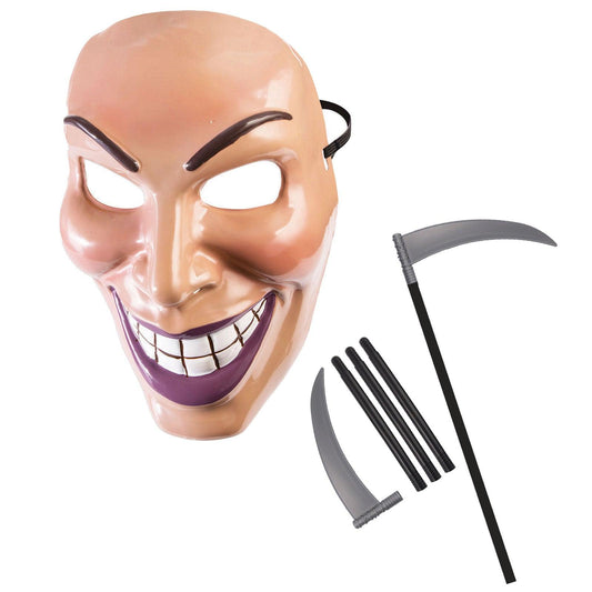 Male Evil Grin Purge Face Mask with Grim Reaper Scythe Plastic Prop 110 Cm Halloween Scary Smile Fancy Dress Party Costume - Labreeze