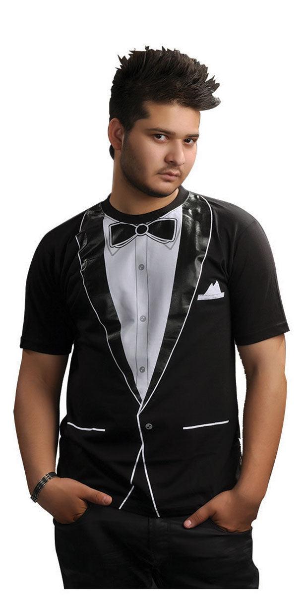 Men’s Tuxedo Printed T-shirt Black Short Sleeve Novelty Adults Stag Do Fancy Dress Party Top - Labreeze