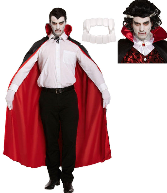 Reversible Cape Vampire Wig 130 g White Fanged Teeth Halloween Scary Dracula Fancy Dress Costume Set - Labreeze