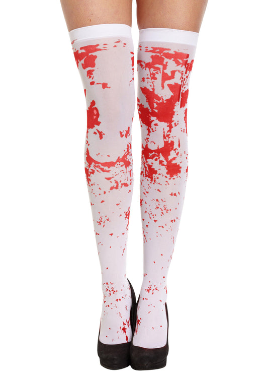 White Hold-Up Stockings with Blood Ladies Girls Blood Splattered Halloween Zombie Fancy Dress Accessory - Labreeze