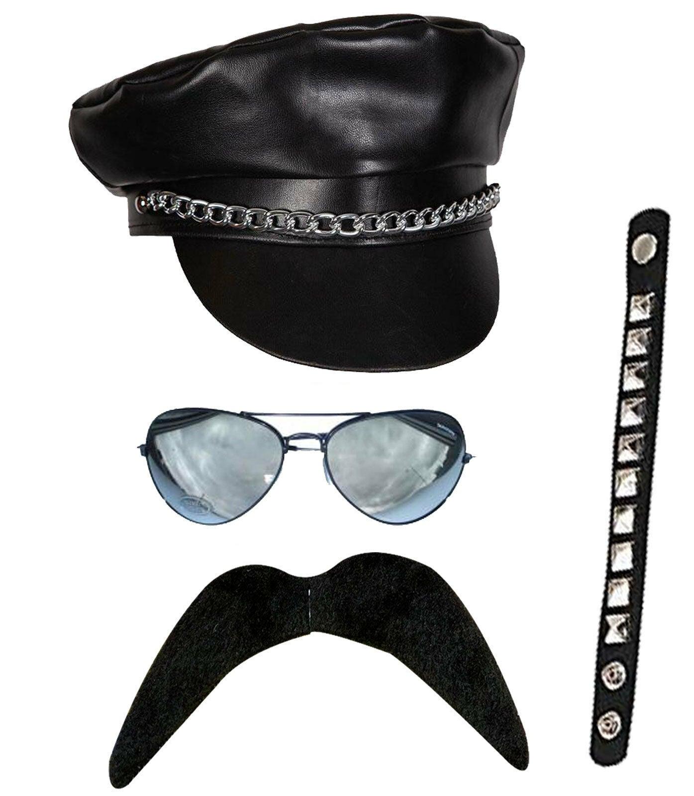 Adults Black Biker Cap Sunglasses Mustache Wristband Steam Punk Fancy Dress - Labreeze