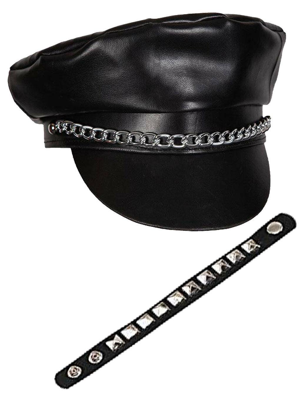 Adults Black Biker Cap with Chain Studded Wristband Steam Punk Fancy Dress - Labreeze