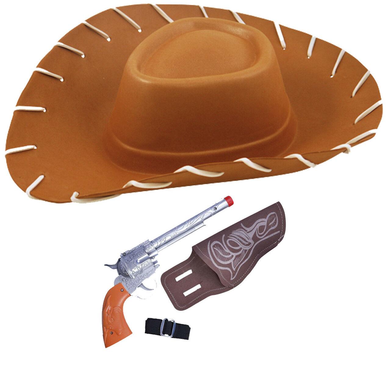 Adults EVA Brown Cowboy Toy story Hat Plastic Gun with Black Belt 2 Pc Set - Labreeze