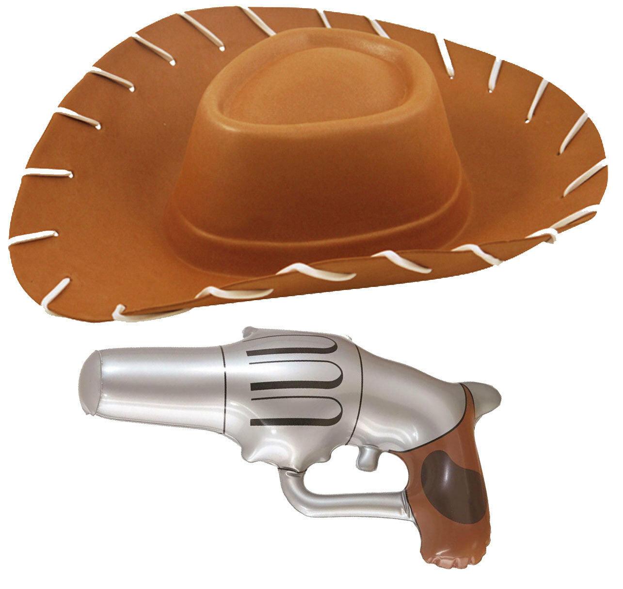 Adults EVA Brown Cowboy Toy Story Hat with Inflatable Pistol Fancy Dress Set - Labreeze