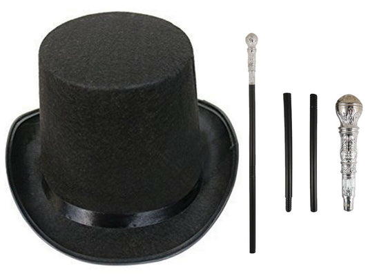 Adults Factory Owner Black Top Hat & Cane Silver Pimp Stick Fancy Dress 2 pc Set - Labreeze