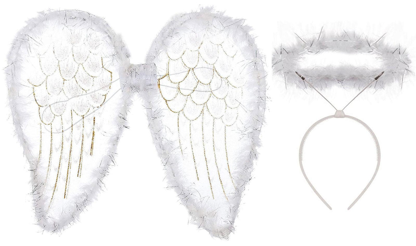 Adults Large Angel Xmas Wings Silver Glitter with White Halo Christmas Party Fancy Dress - Labreeze