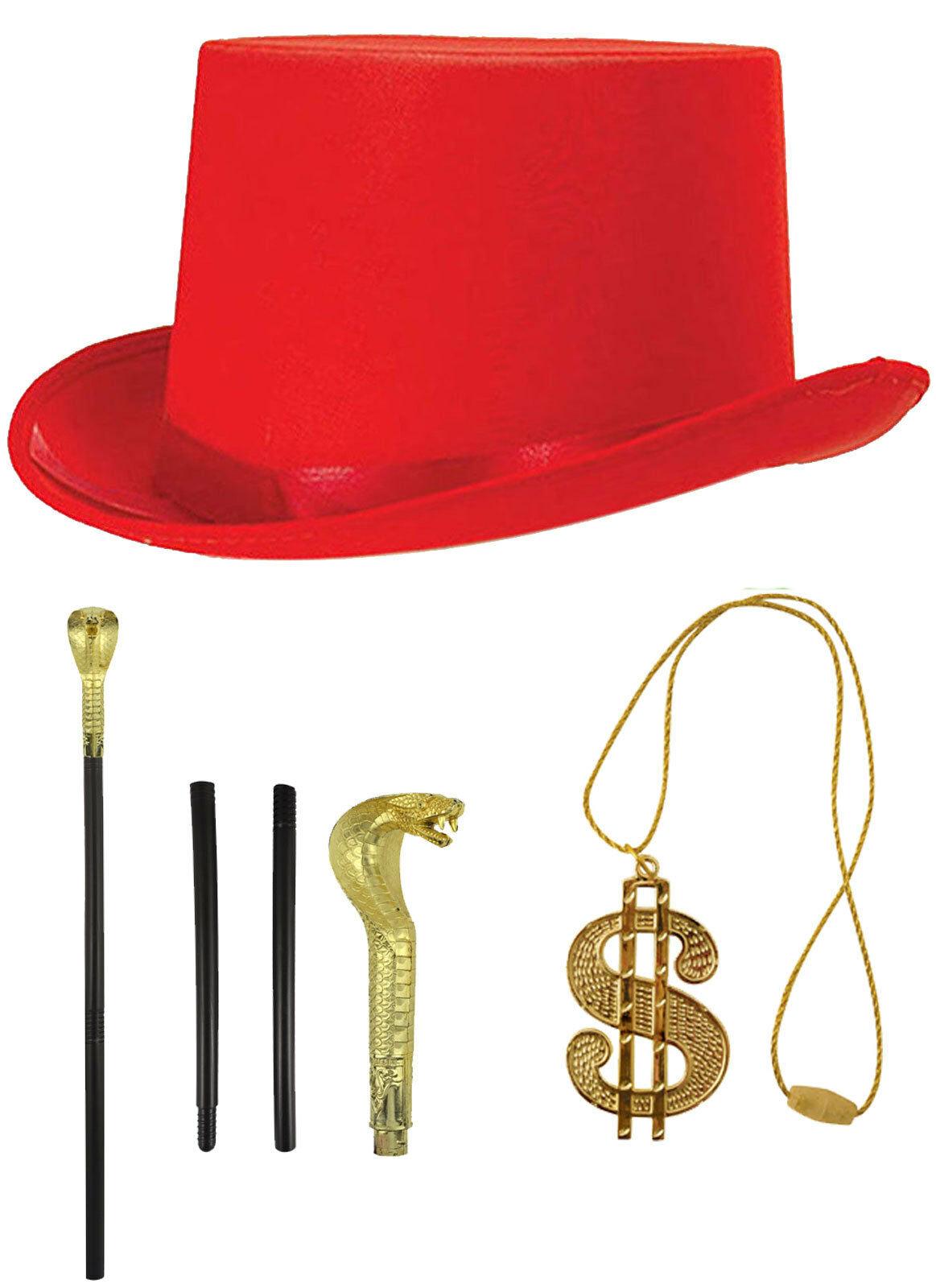 Adults Red Satin Top Hat Snake Cane Dollar Necklace Pimp Party Fancy Dress Set - Labreeze