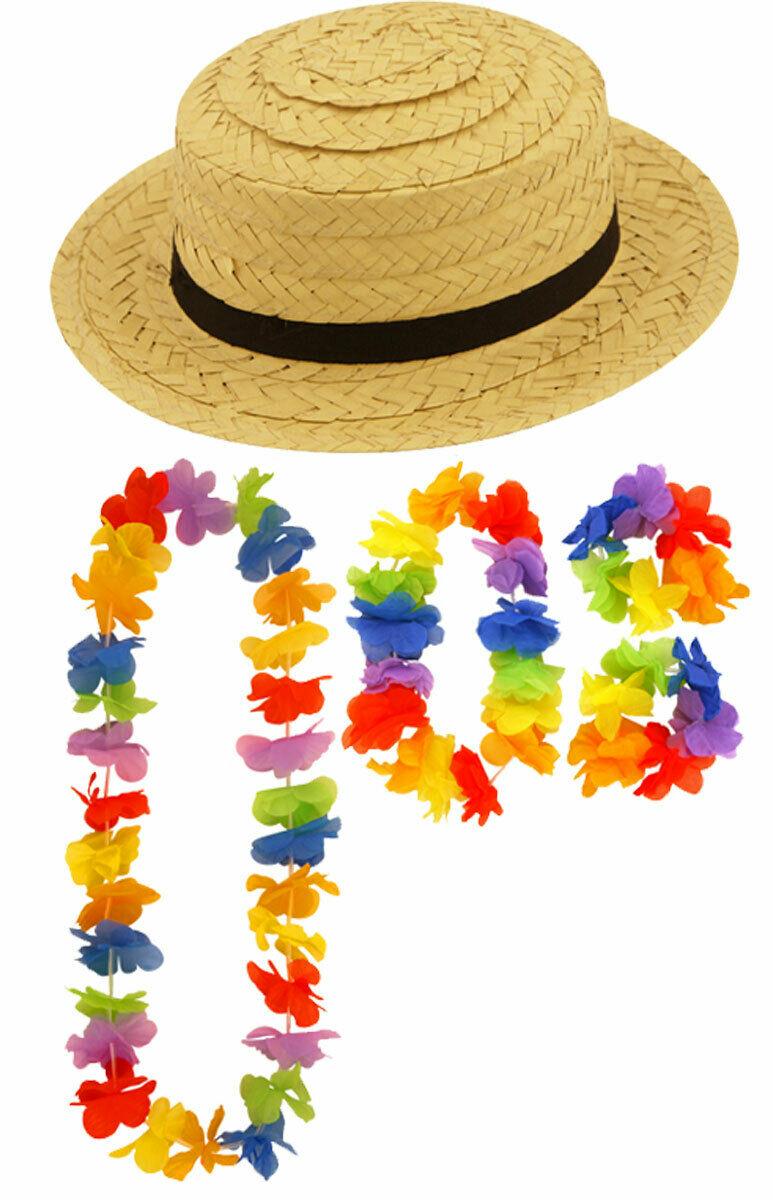 Adults Straw Boater Hat 4Pcs Lei Set Hawaiian Summer Beach Party Fancy Dress - Labreeze