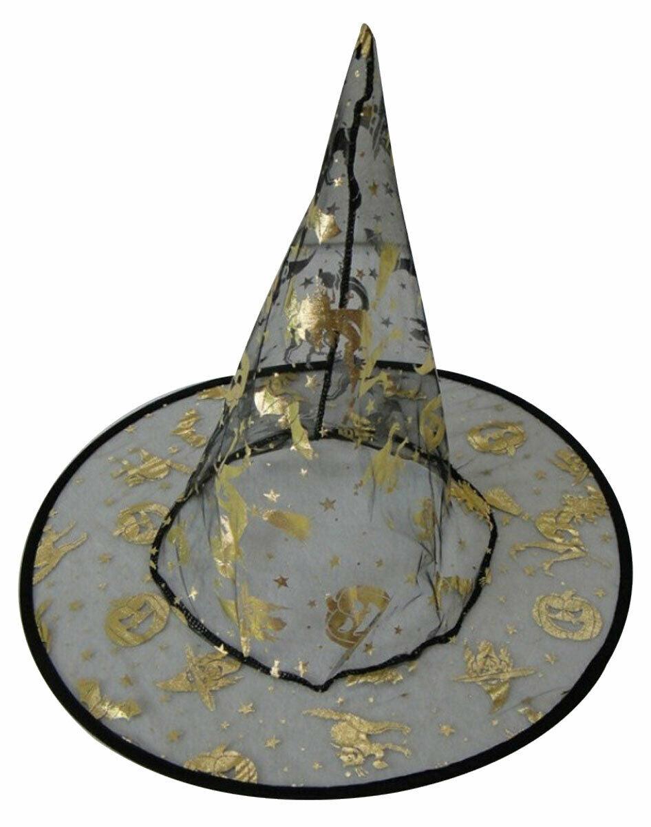 Black Witch Hat with Gold Halloween Prints Scary Horror Fancy Dress Party Hat - Labreeze