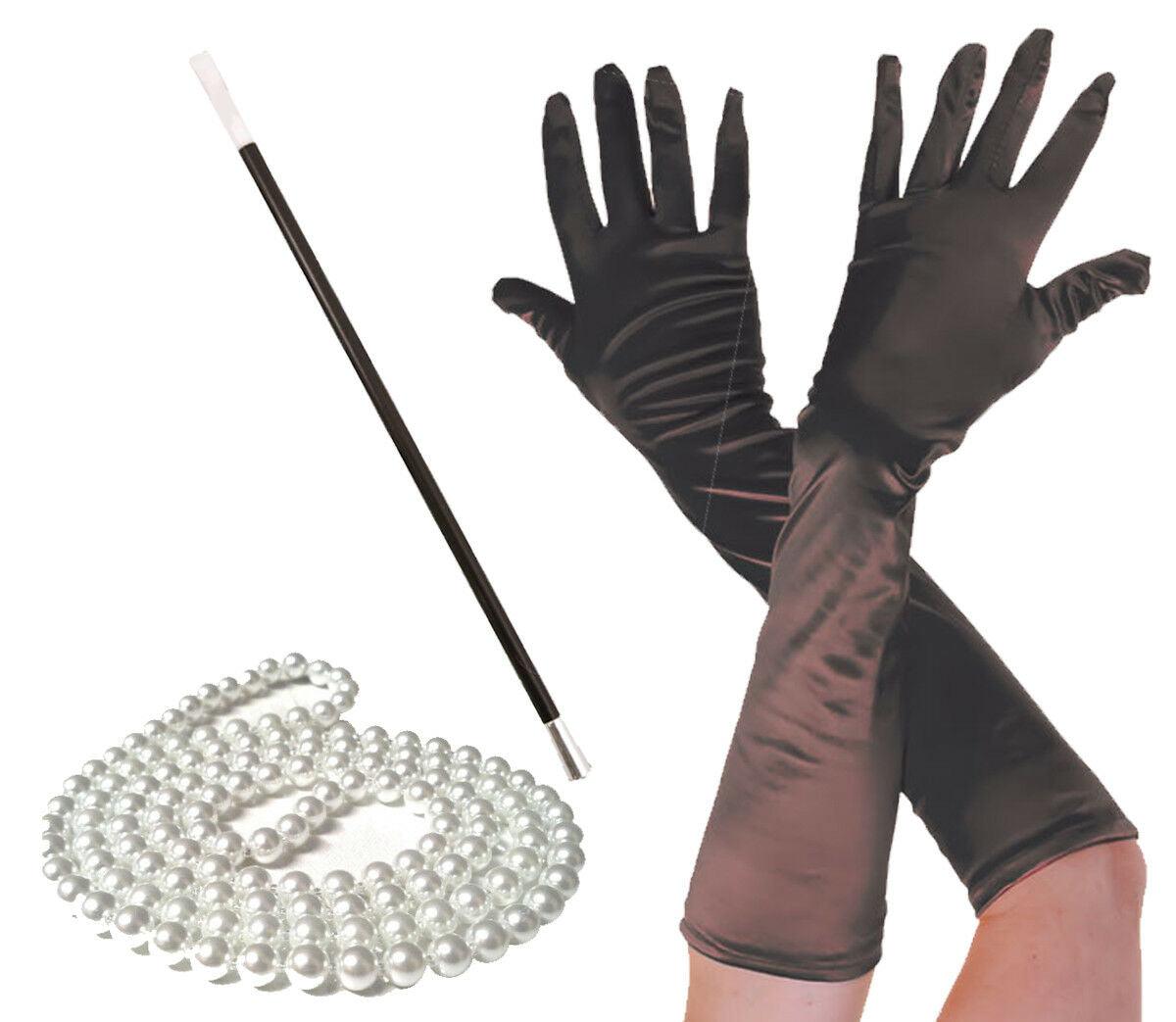 Flapper set Pearl Beads Necklace Cigarette Holder Long Black Satin Gloves 3 Pc S - Labreeze