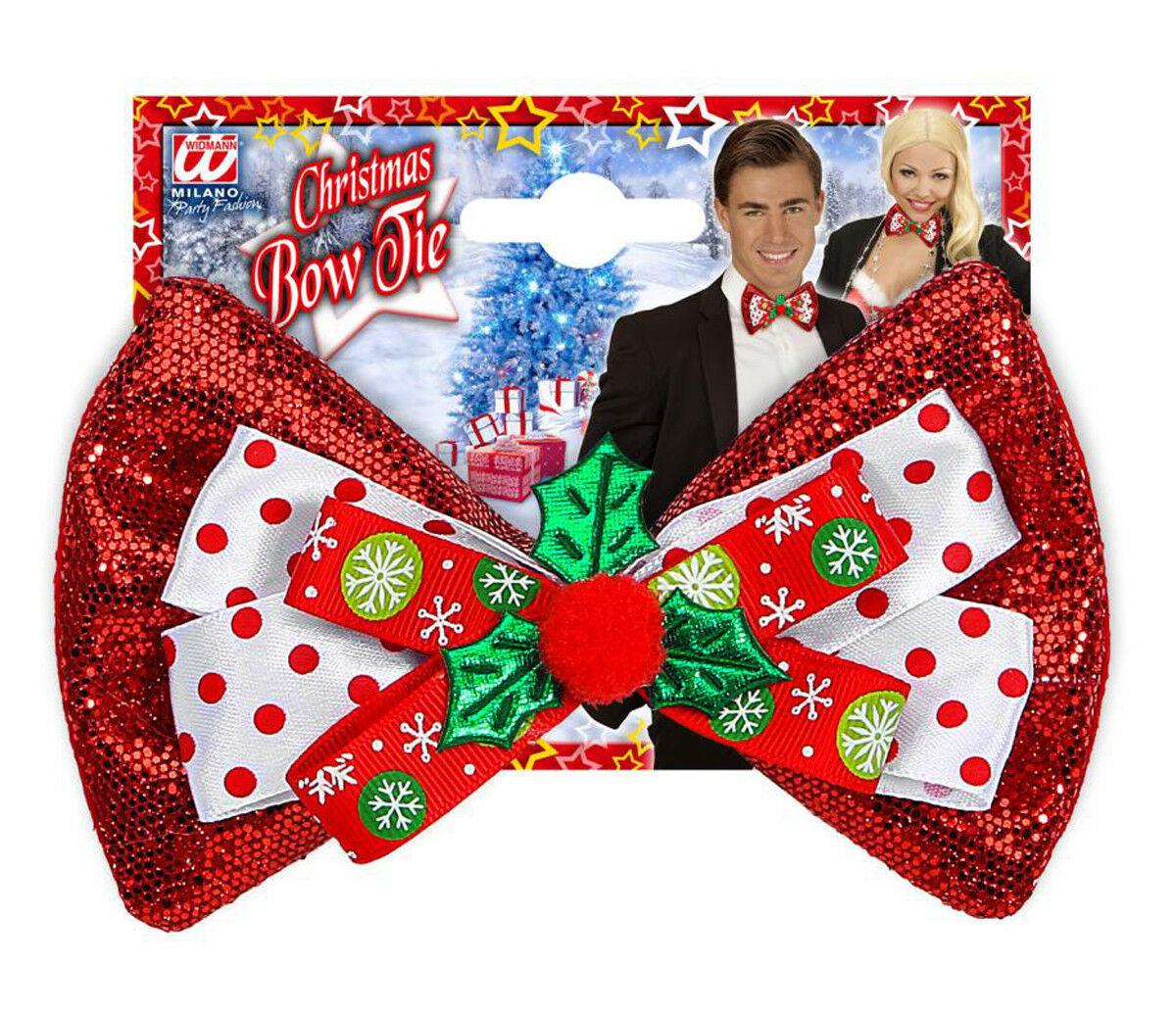 Glitter Christmas Elasticated Bow Tie Ribbon 3D Holly Xmas Party Fancy Dress - Labreeze