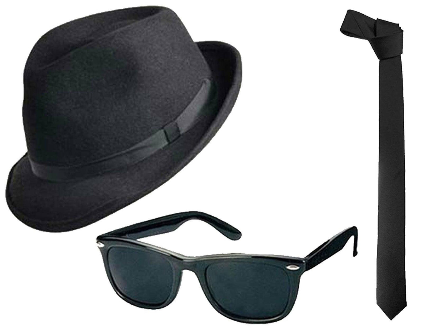 Hat Glasses Plain Tie Sideburns Blue Brothers Fancy Outfit Set - Labreeze