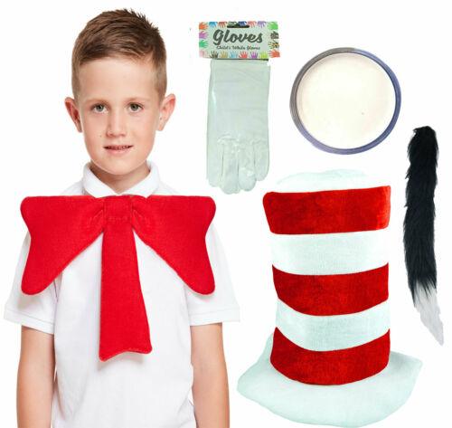 Kids Tall Hat, Bowtie, Tail, Gloves & Face Paint - Cat in the Hat World Book Day Party Costume - Labreeze