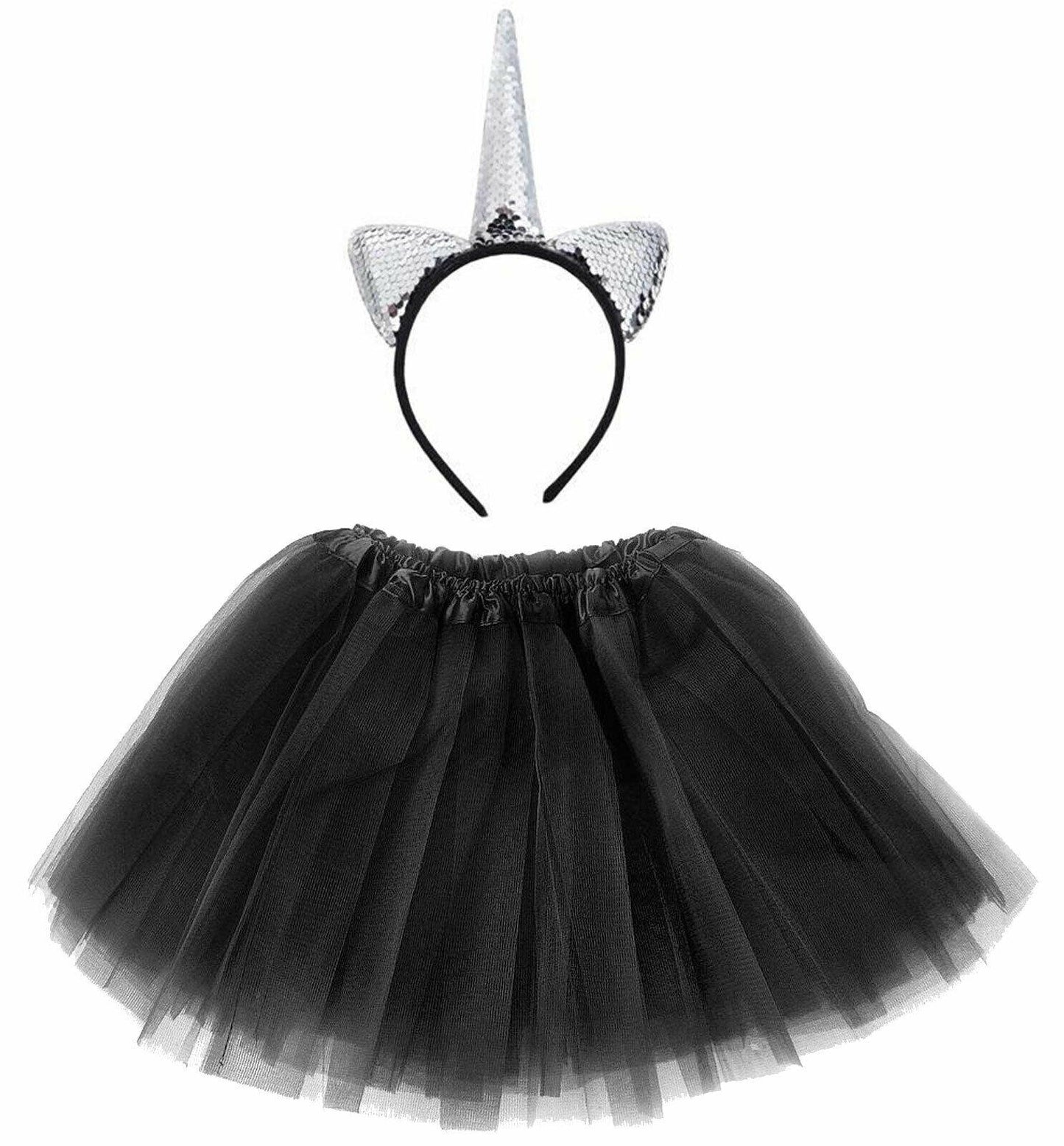 Ladies 3 Layer Tutu Skirt with Silver Sequin Unicorn headband Halloween Zombie C - Labreeze
