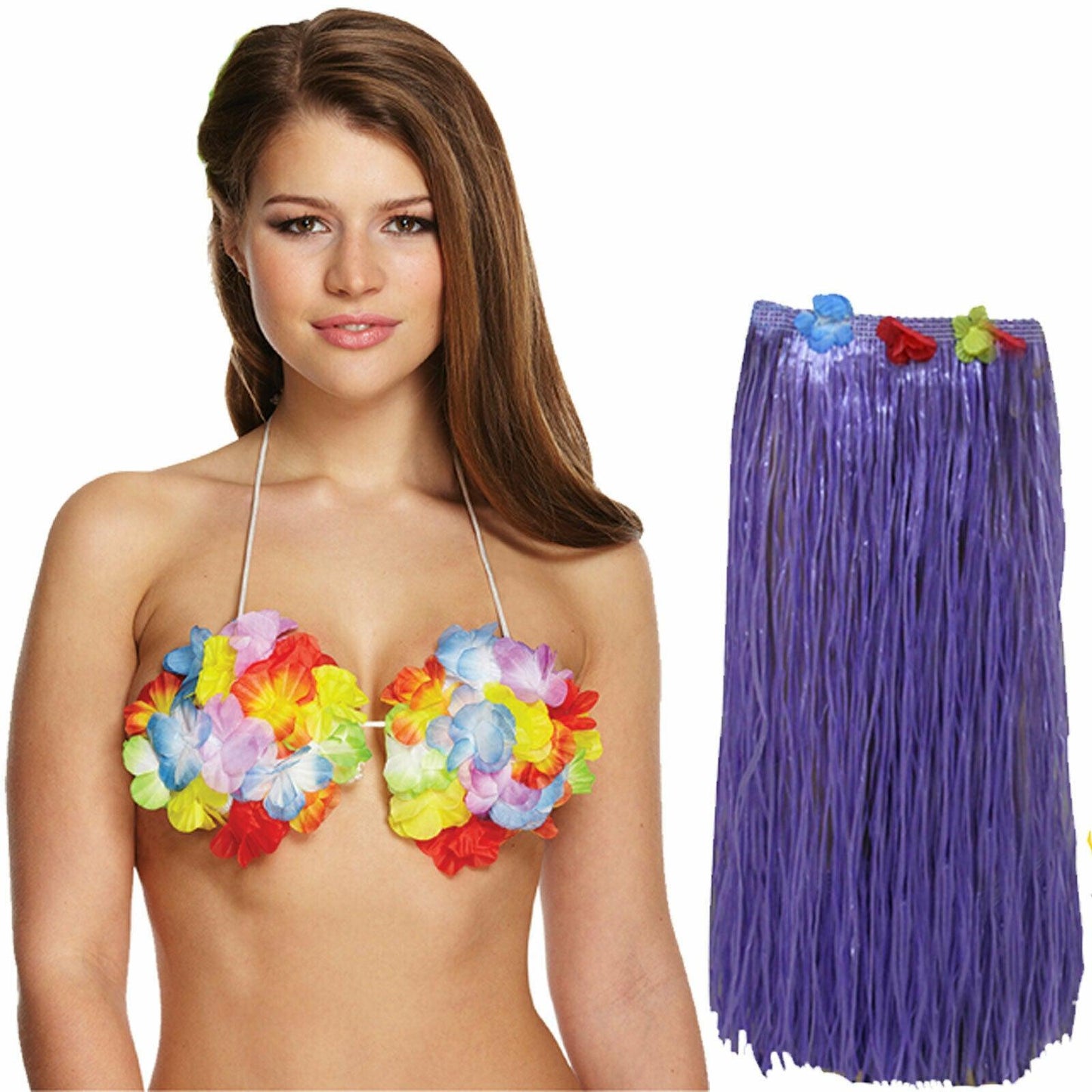 Ladies 80 Cm Hula Skirt Flower Bra Hawaiian Summer Beach Party Fancy Dress Set - Labreeze