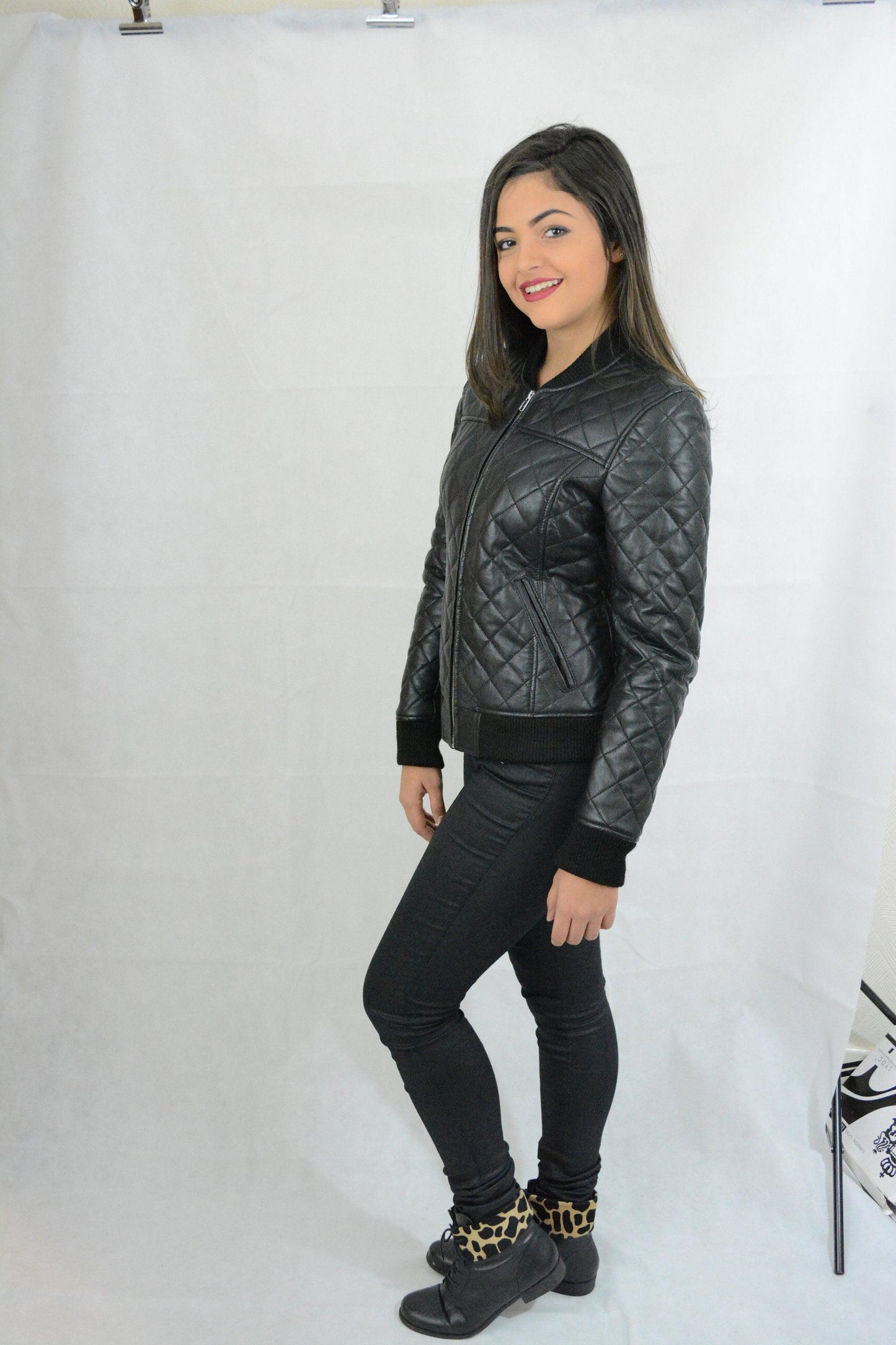 Ladies Black Casual Winter Leather Bomber Quilted Jacket Sheep Skin A Grade Quality Size M - Labreeze