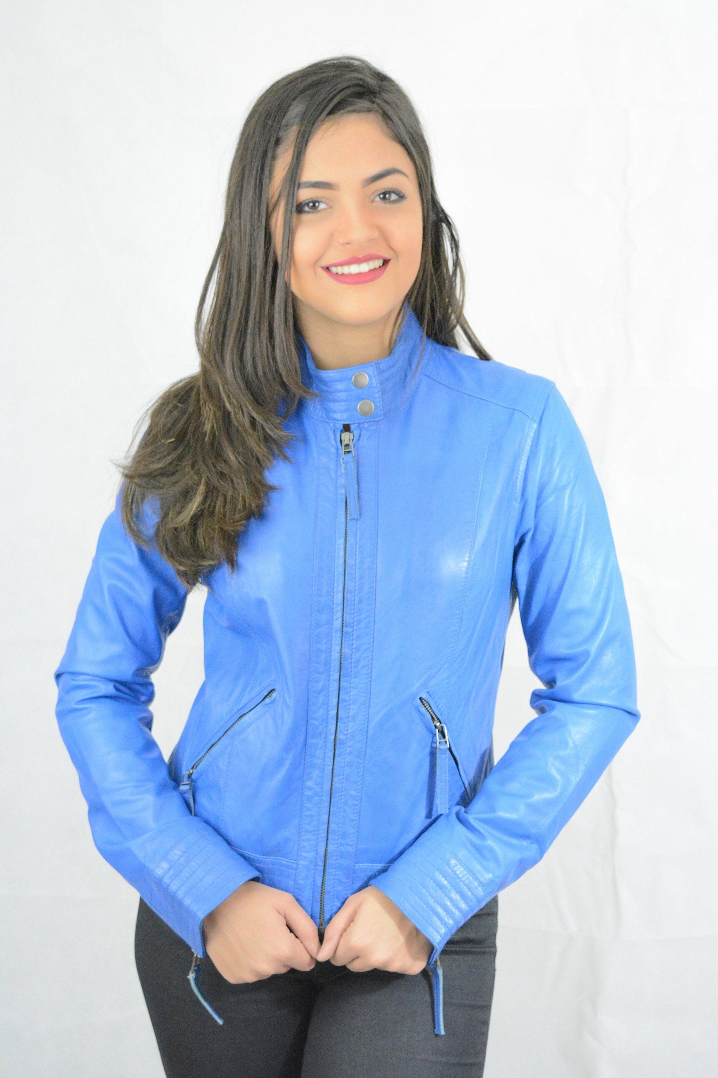 Ladies Blue Leather Biker Jacket Sheep Skin A Grade Quality Size M - Labreeze